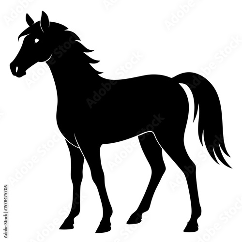 Black horse silhouette vector art presents a graceful equine on white.