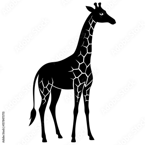 A black giraffe silhouette stands elegantly against a white background.