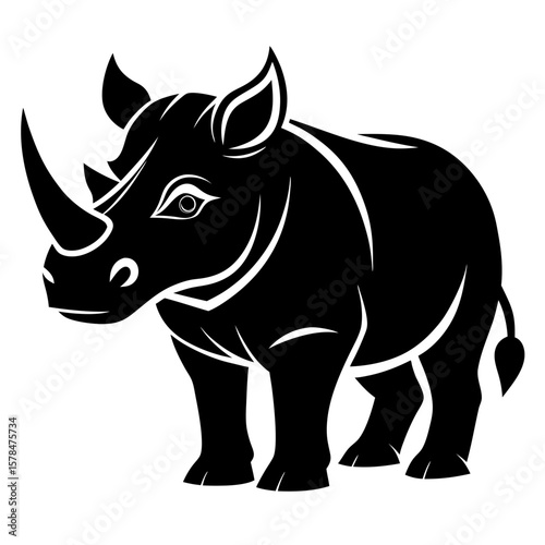 A powerful black rhino silhouette stands strong on a clean white background.