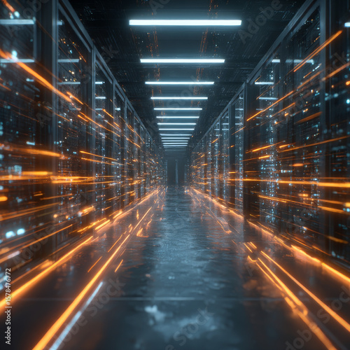 Data center. abstract digital warehouse. Server room of clouds computing technology. Server farm communication with internet. Network connection and information exchange lights glow in the dark.