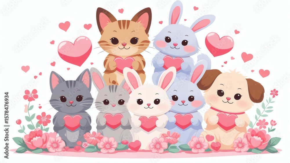 Naklejka premium Cute Cartoon Animals Like Cats, Dogs, and Bunnies Holding Hearts – Surrounded by Pink Flowers and Love Symbols, Soft Pastel Colors, Flat Vector Style on White Background, Valentine’s Day Clipart