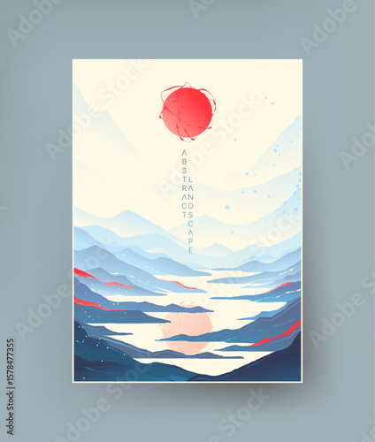 Landscape in traditional Asian style in blue tones.