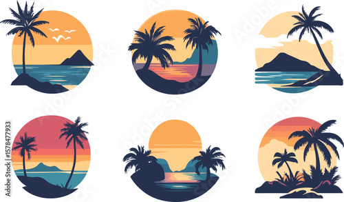 Tropical Beach Sunset Vector Illustration Set with Palm Trees and Ocean