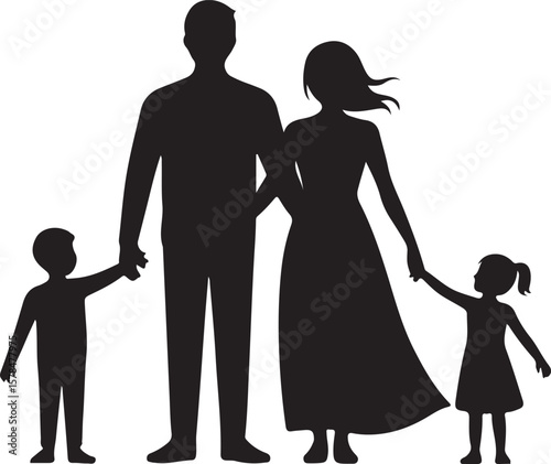 Family silhouette parents with two daughters, family walking together