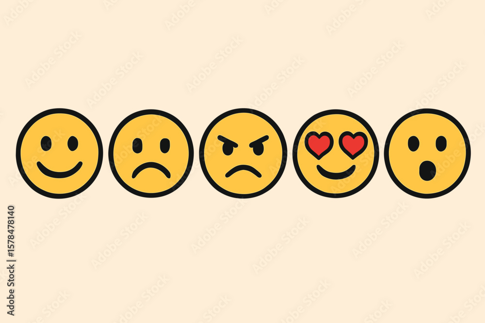 Obraz premium Emoji faces displaying varied emotions: smiling, sad, angry, in love, surprised