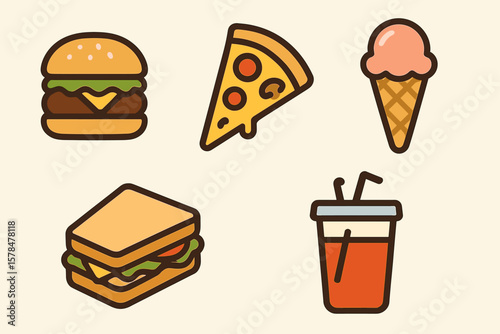 Cartoon fast food icons: burger, pizza, ice cream, sandwich, drink