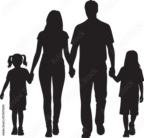 Family silhouette parents with two daughters, family walking together
