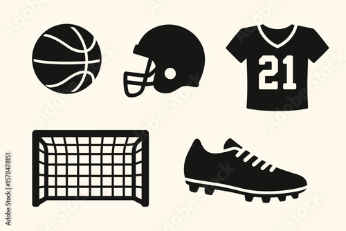Sports equipment icons: basketball, football, jersey, goal, cleat