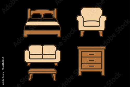 Stylized furniture icons: bed, armchair, sofa, table on black background