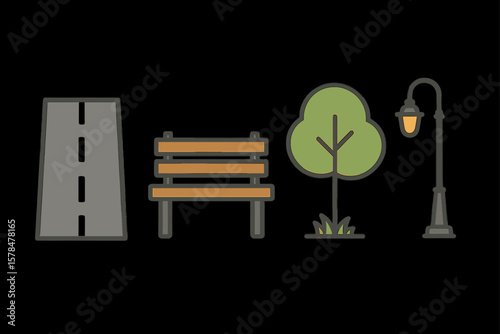 Stylized urban icons: road, bench, tree, streetlight on black background