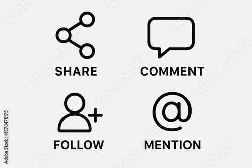 Social media interaction icons: share, comment, follow, mention