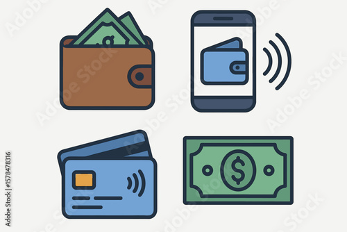 Digital and physical payment methods: cash, card, contactless payment icon set