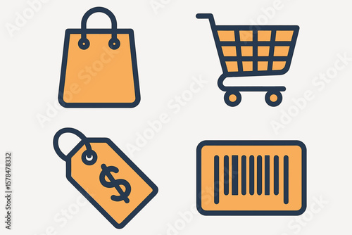 Shopping icons: bag, cart, price tag, barcode on white background
