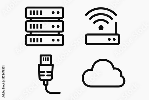 Network icons: server, router, cable, cloud connectivity symbols displayed