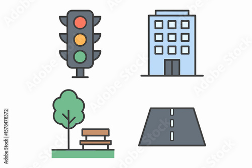 Urban elements: traffic light, building, tree with bench, road
