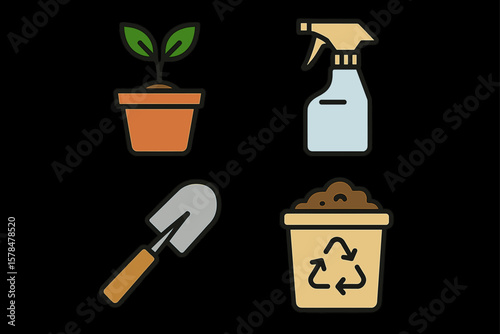 Gardening tools and eco-friendly plant care items on black