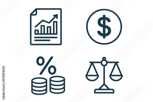 Finance icons: chart, dollar symbol, coins with percentage, balance scale