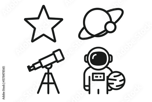 Astronomy icons: star, planet, telescope, astronaut with planetary symbol