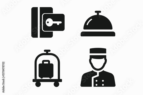 Hotel icon set: keycard, bell, luggage, concierge silhouettes