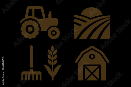 Agriculture icons: tractor, farm, barn, wheat, and rake silhouettes