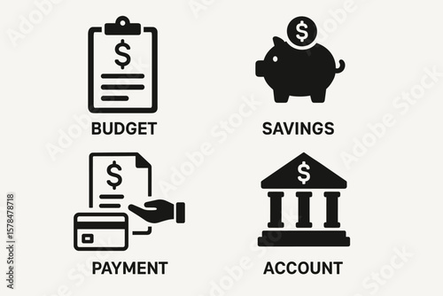 Finance icons: budget, savings, payment, and account symbols