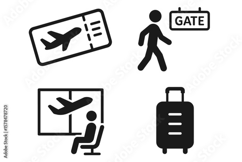 Airport travel icons: ticket, gate, passenger, luggage