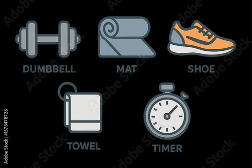 Essential gym equipment icons: dumbbell mat shoe towel timer for fitness