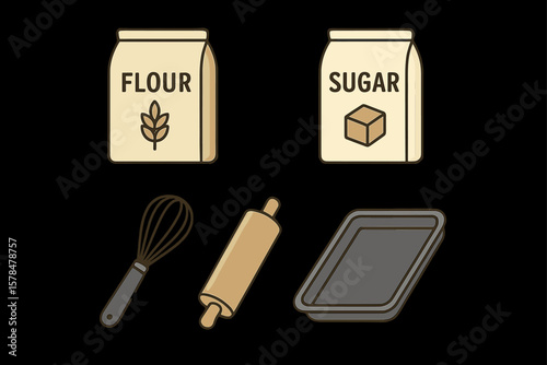 Baking essentials icons: flour, sugar, whisk, rolling pin, baking tray