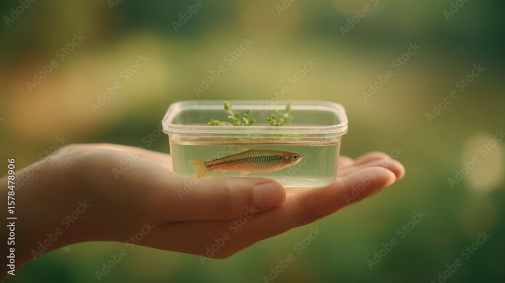 Obraz premium Hand Holding Clear Container with Water and Small Fish in Nature Background