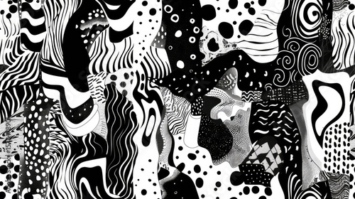 Abstract Doodle Monster Pattern in Black and White
