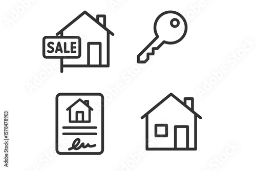 Real estate icons: house, key, sale sign, document in simple black outline style