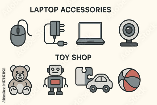 Laptop accessories and toy shop icons featuring electronics and playful items