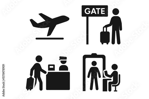Airport travel icons: airplane, boarding gate, customs check, security screening