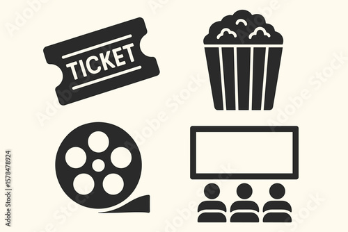 Cinema icons: ticket, popcorn, film reel, movie audience silhouettes