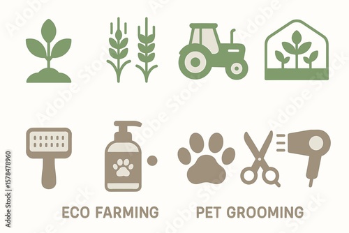 Eco farming and pet grooming icons: plants, tractor, greenhouse, grooming tools