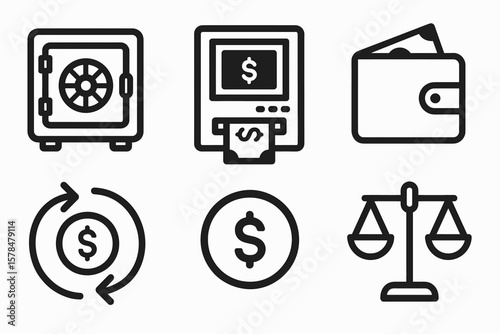 Financial icons: safe, atm, wallet, currency, balance symbol set in black