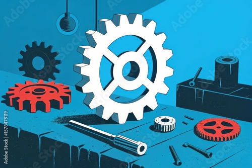Industrial Gear Design on Workshop Table with Tools and Cogs