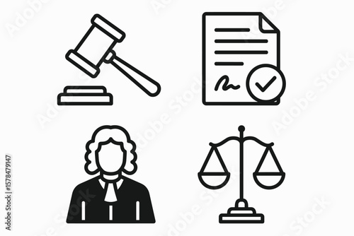 Law icon set: gavel, document, judge, scales of justice