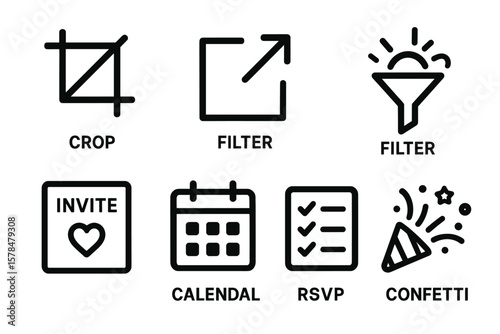 Set of simple black icon graphics for crop, filter, invite, calendar, rsvp, confetti
