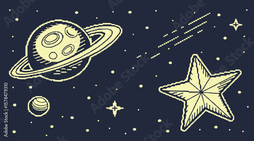 Surreal Space with Nebula and Fantasy Planets — Line Art Cosmic Backdrop Vector Illustration

