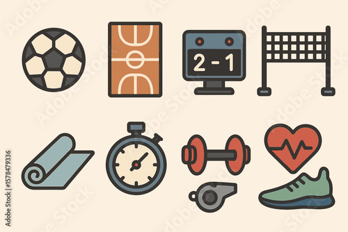 Sports equipment icons: soccer ball, stopwatch, heartbeat, fitness, training