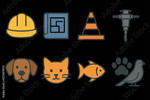 Set of construction and animal icons: hard hat, blueprints, traffic cone, drill, dog, cat, fish, pawprint, bird