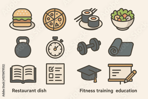 Different icons of food, fitness equipment, and education items