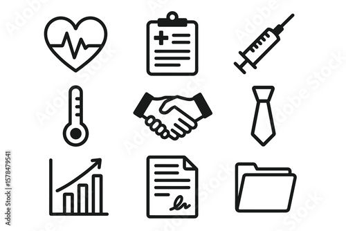 Vector icons: healthcare, business, and office essentials in black and white design
