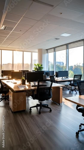 Bright, modern office with desks, computers, chairs, and large windows showing a cityscape bathed in sunlight