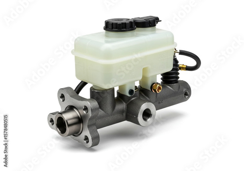 A close up shot of a brake master cylinder with reservoir on a white background in a studio setting