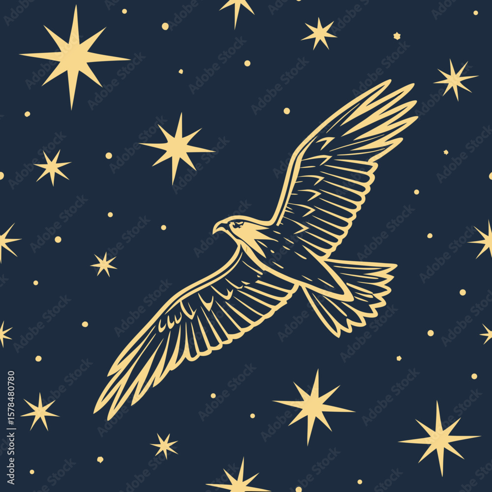 Fototapeta premium Hawk flying through twinkling stars in rich midnight sky seamless vector pattern