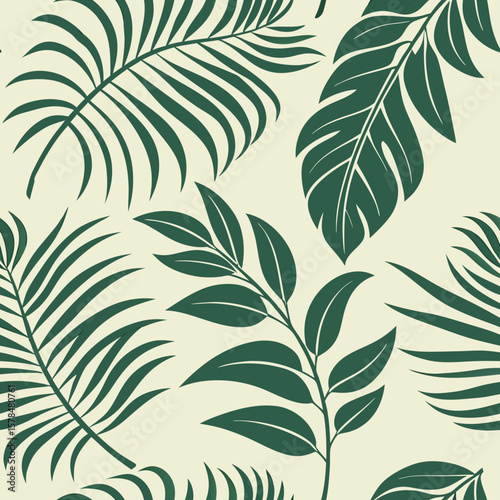 Tropical leaves seamless vector pattern in lush green tones on light background  