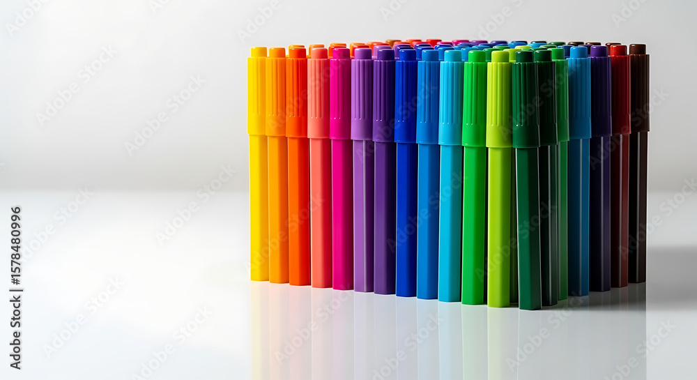 Obraz premium Colorful Markers Standing Upright on White Glossy Surface with Bright Lighting