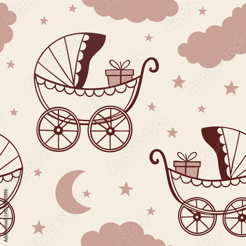 Victorian baby carriages with gifts in seamless vector pattern  